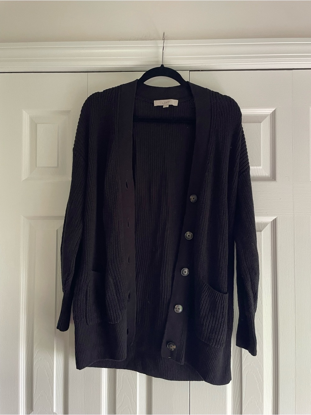 LOFT Black Button-Front Pocket Cardigan